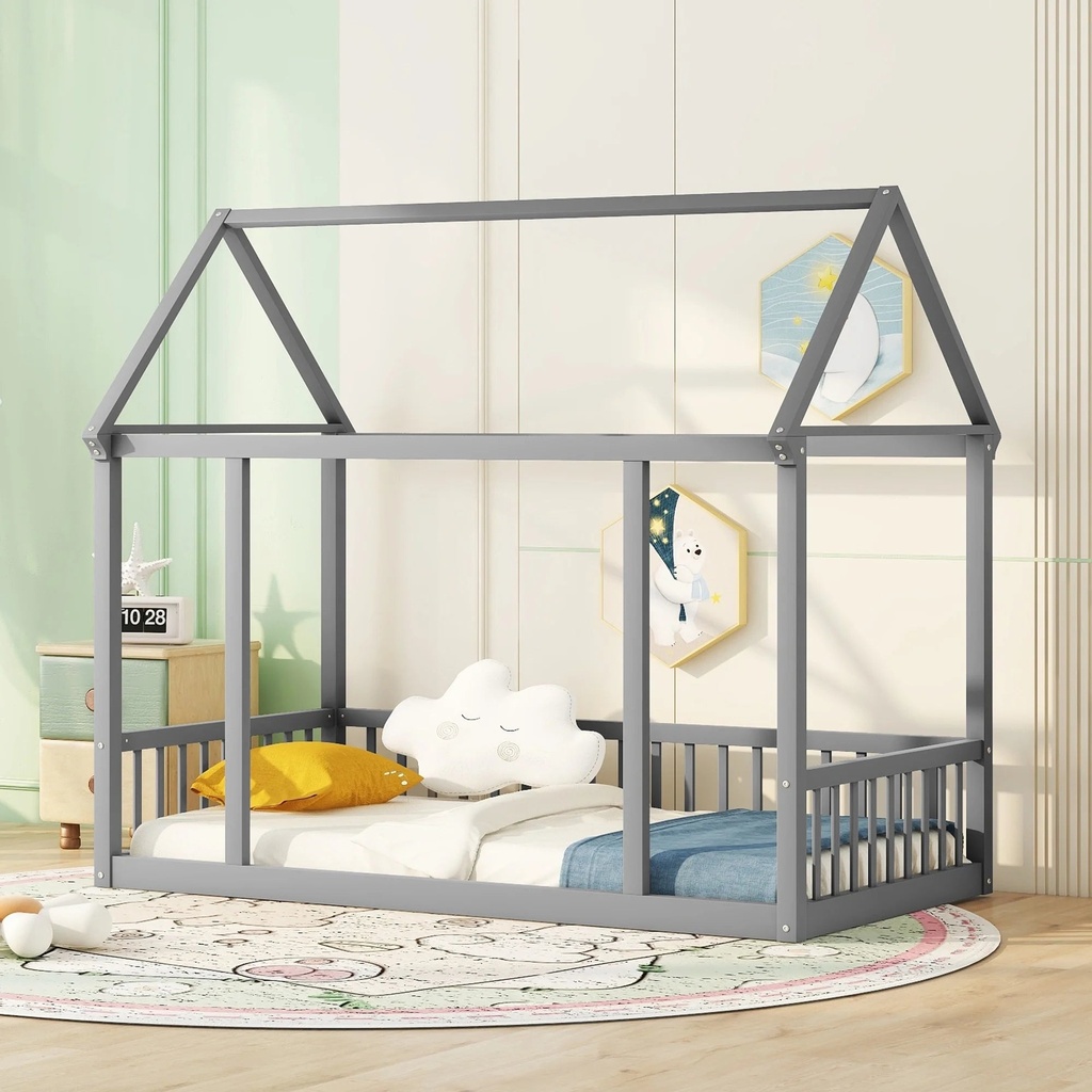 Bellemave Twin Size Wood House-Shaped Floor Bed with Fence, Guardrails, Montessori Floor Bed House Bed Frame with Roof for Kids, Toddler, Boys, Girls (Twin, Gray)