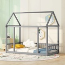 Bellemave Twin Size Wood House-Shaped Floor Bed with Fence, Guardrails, Montessori Floor Bed House Bed Frame with Roof for Kids, Toddler, Boys, Girls (Twin, Gray)