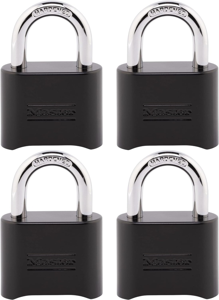 Master Lock Black Combination Lock, Customizable Combo Padlock, Indoor and Outdoor Weather Resistant Lock with Resettable Code for Gates, Lockers, 4 Pack, 178EC4