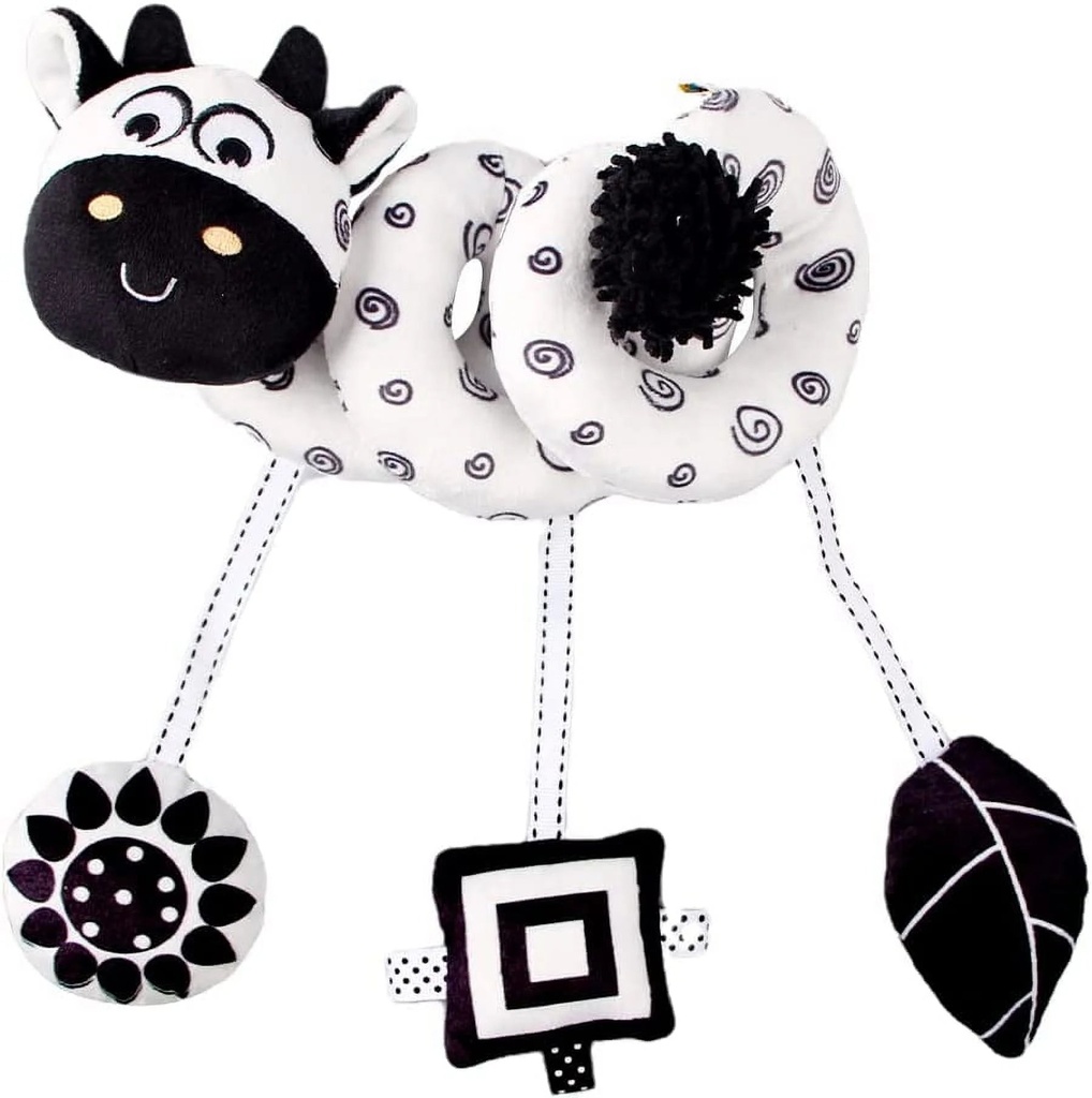 Spiral Activity Toy, Baby Black and White Bed Stroller Toy Comfortable Pram Crib Plush Toy for Boys Girls Spiral Hanging Toys for Car Seat, Cow