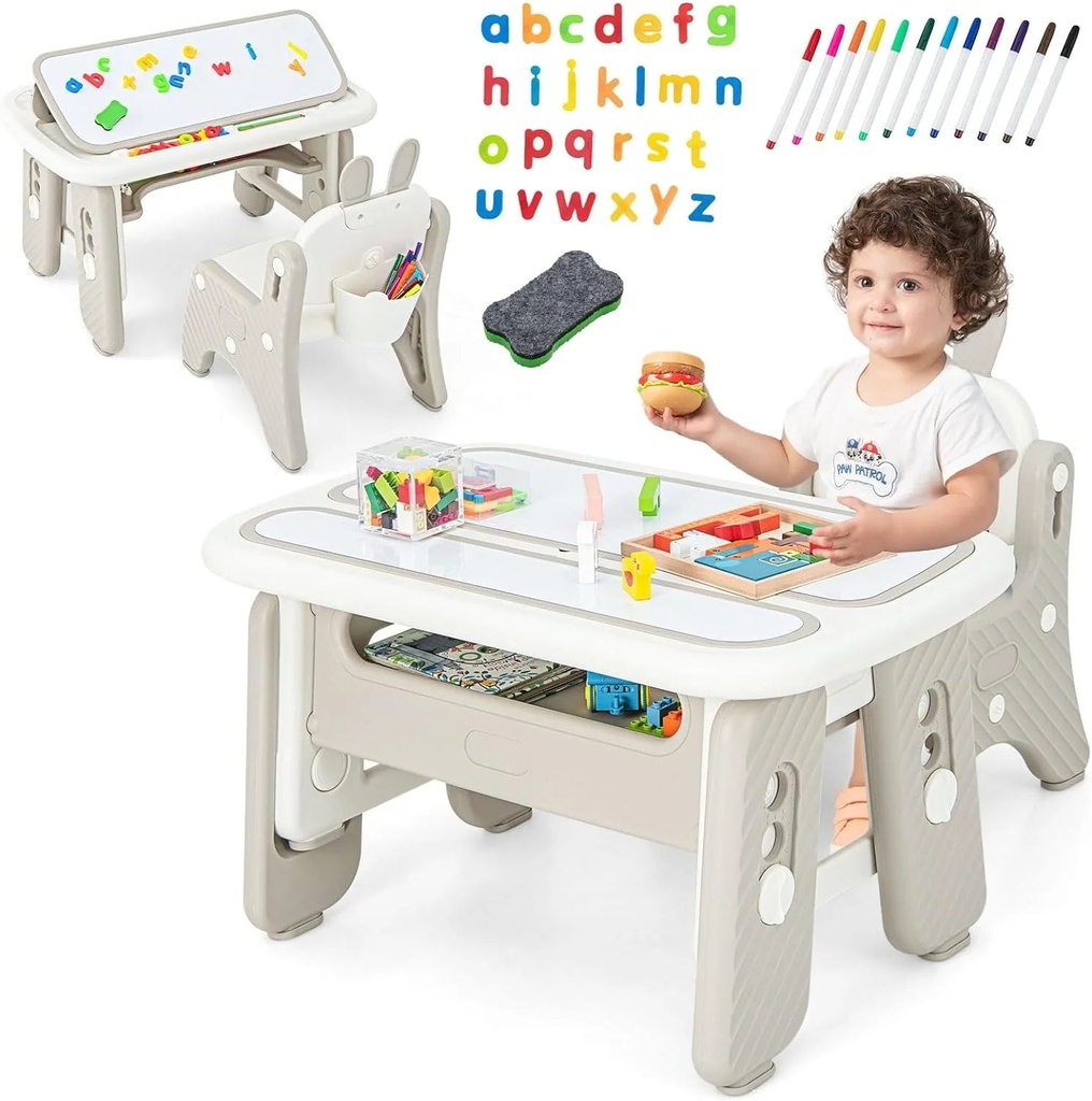 OLAKIDS Kids Table and Chair Set, Activity Table with Magnetic Drawing Board 4 Gears Adjustable Height Bookshelf Watercolor Pens, Toddler Plastic Furniture Table for Playing Reading Eating