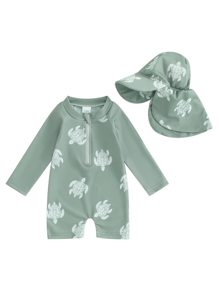 Qtinghua Infant Toddler Baby Boys Rash Guard Swimsuit Romper Long Sleeve Turtle/Dinosaur Print Bathing Suit Swimwear with Swim Cap Green 0-3 Months