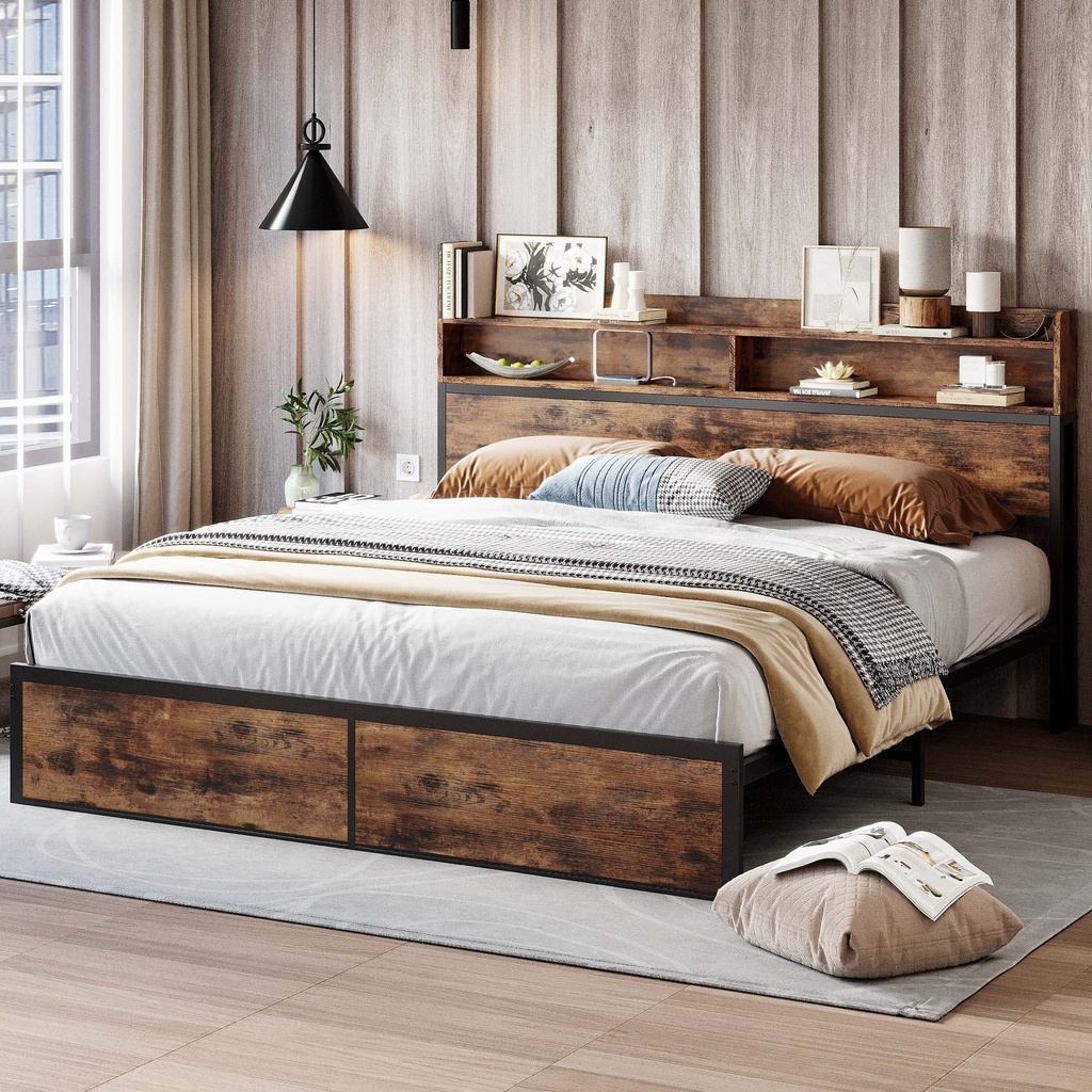 IRONCK King Size Bed Frame, Bookcase Headboard with Charging Station, Platform Storage Bed