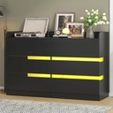 Meteorleg 6 Drawer Double Dresser with Power Outlet, Black Dresser with LED Light, Modern Wood Chest of Drawers for Bedroom