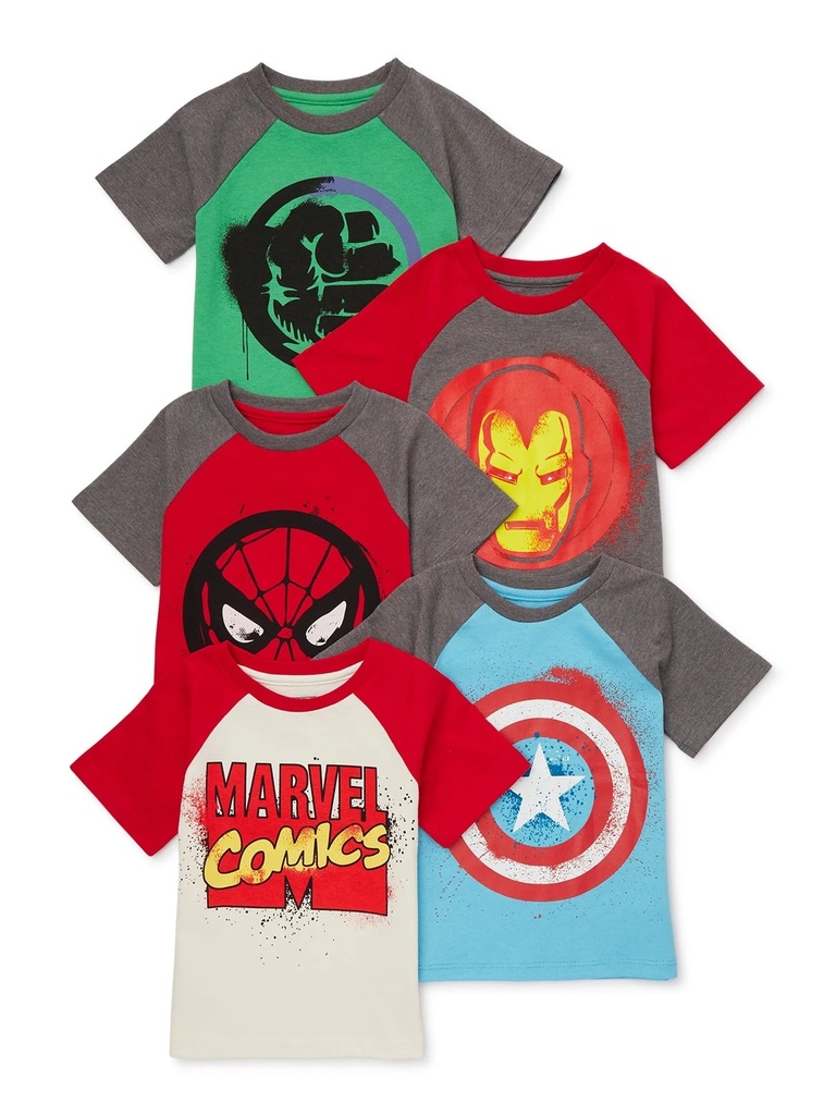 Marvel Comics Toddler Boy 5PK Short Sleeve Tees - Spider-Man, Hulk, Captain America, Iron Man, Sizes 2T-5T