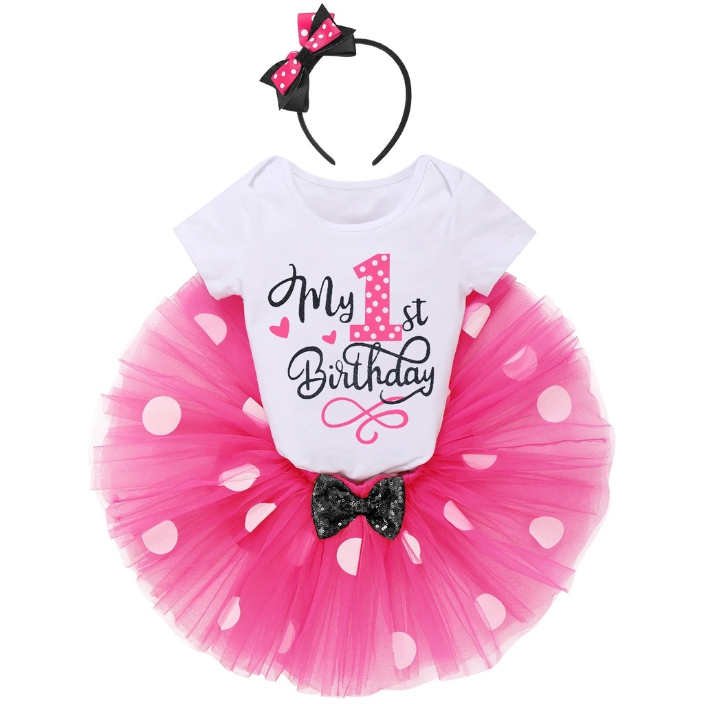 IBTOM CASTLE Toddler Baby Girls 1St 2Nd Birthday Outfit Mini Polka Dots Romper Tutu Dress Mouse Ears Headband Princess Skirt Set for Photo Shoot 1 Year Hot Pink
