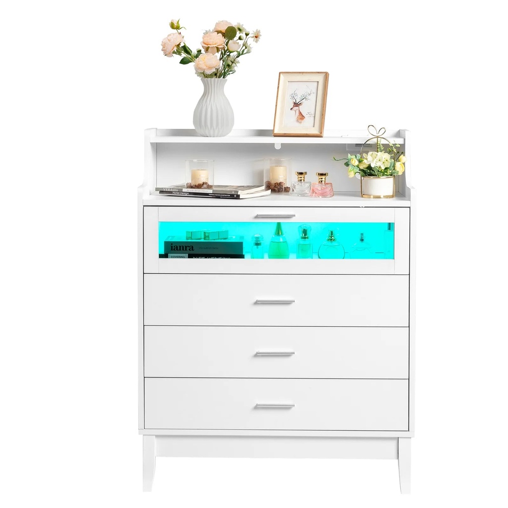 Ktaxon 4 Drawer Dresser with LED Lights and Charging Station, Wide Chest of 4 Drawers with Visible Top Drawer, Storage Cabinet, White Dresser for Bedroom, Living Room, Hallway