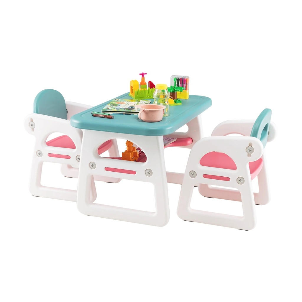 Costway 3-Piece Kids Table and Chair Set Toddler Activity Study Desk with Building Blocks Blue