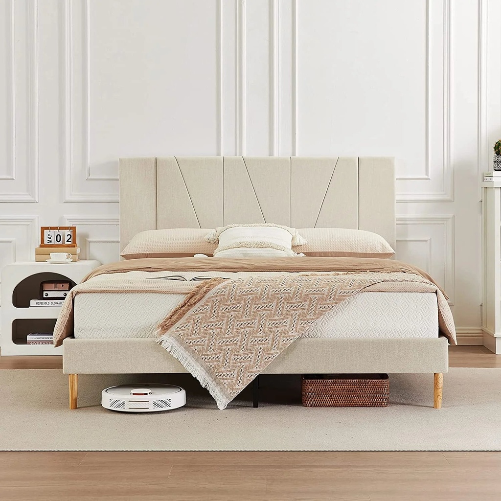 Flolinda Full Size Bed Frame Upholstered Platform with Complete Headboard，Fabric Upholstered Platform Bed Frame, Beige