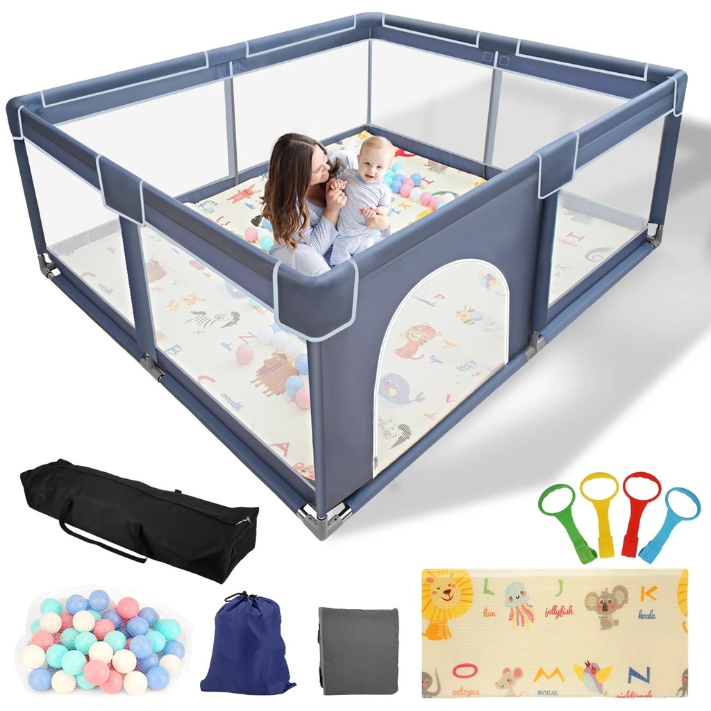 Sunnycome Baby Playpen with Folding Mat, Large Play Yard 71" X 59" X 26.5" for Babies and Toddlers with Zipper Gate Anti-Slip Suckers for Indoor&Outdoor