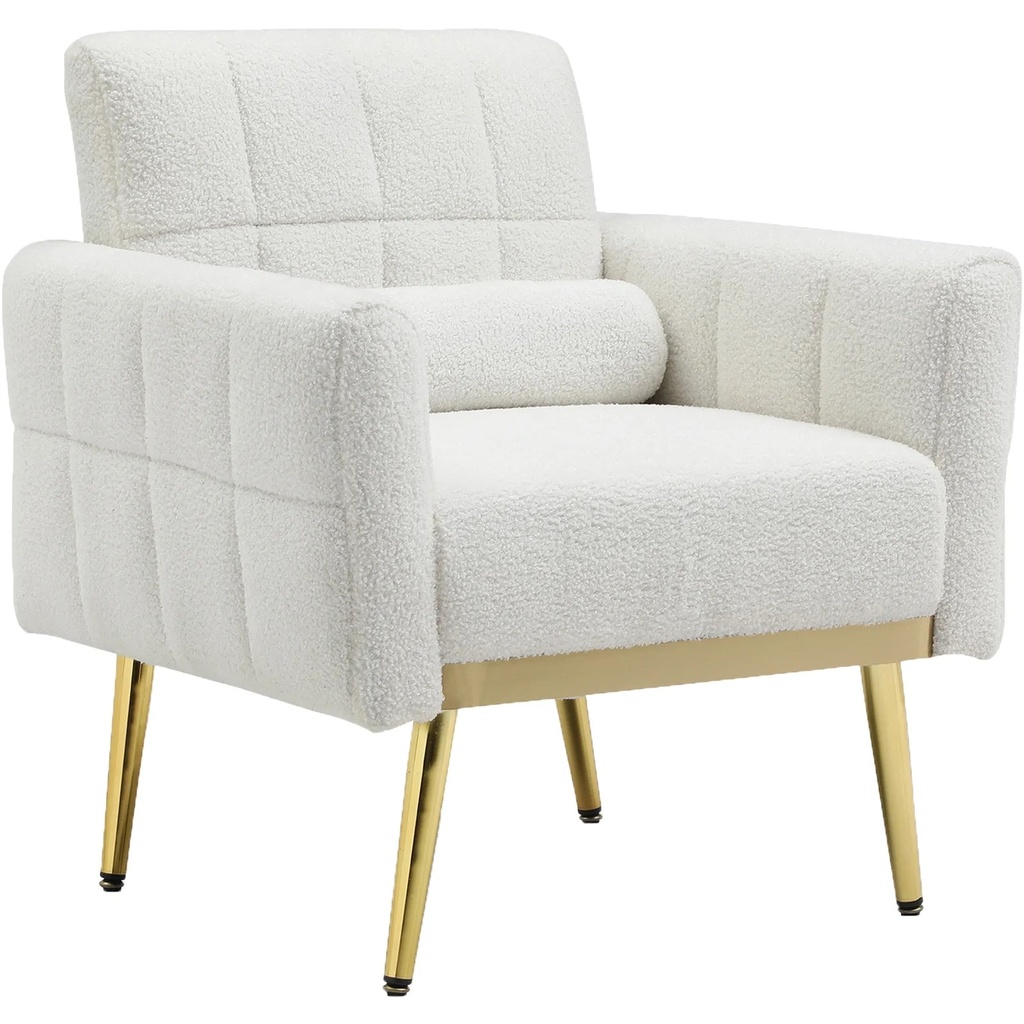 White Modern Accent Chairs for Living Room, Teddy Fabric Arm Chair, Single Sofa Chair Couch, Gold Metal Legs, for Living Room Bedroom Office Leisure (1Pcs, White)