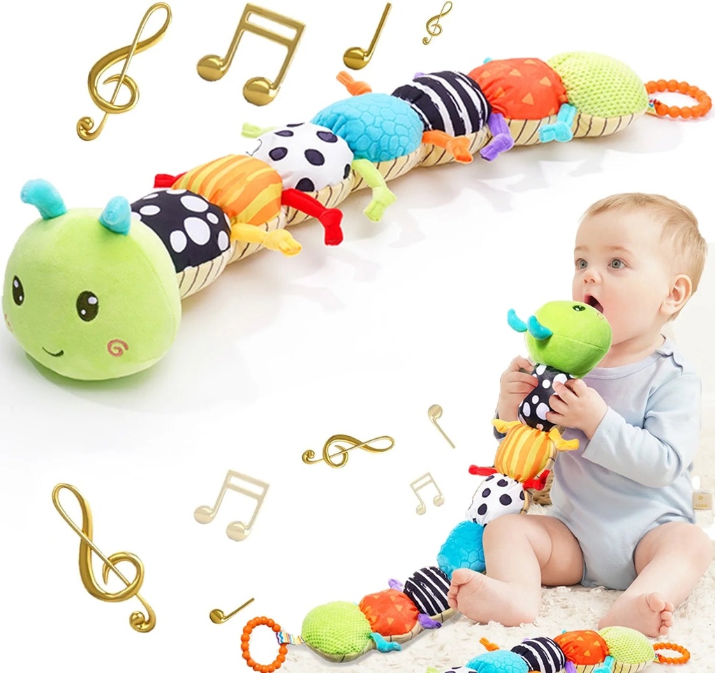 Infant Baby Musical Stuffed Animal Activity Soft Toys with Crinkle, Rattle and Teething Gel, for Newborn 0-3-6-12 Months Boys, Girls