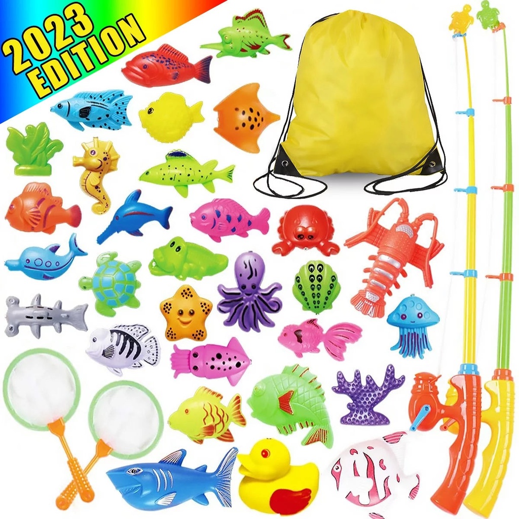 40 PCS Magnetic Fishing Toys Game Set for Kids Water Table Bathtub Kiddie Pool Party with Pole Rod Net, Plastic Floating Fish - Toddler Learning All Size Color Ocean Sea Animals Age 3 4 5 6 Year Old