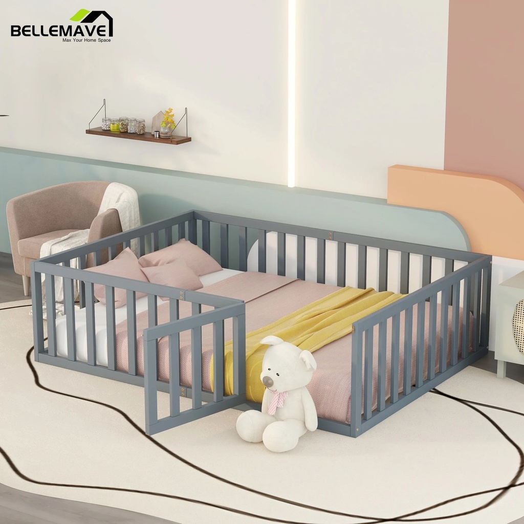 Bellemave Full Size Montessori Bed for Toddler, Wood Kids Floor Bed Frame with Fence and Door, Gray(Slats Not Include)