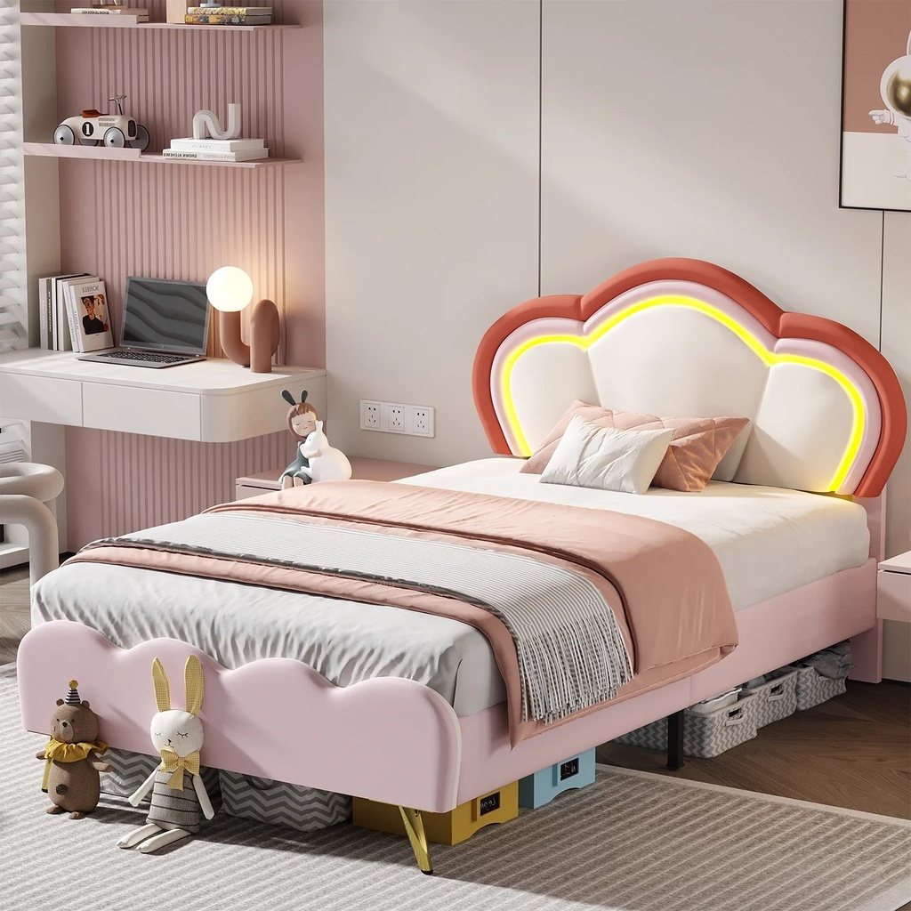 Meteorleg Twin Size LED Bed Frame with Adjustable Headboard,Velvet Upholstered Platform Bed Frame for Kids Girls,Pink