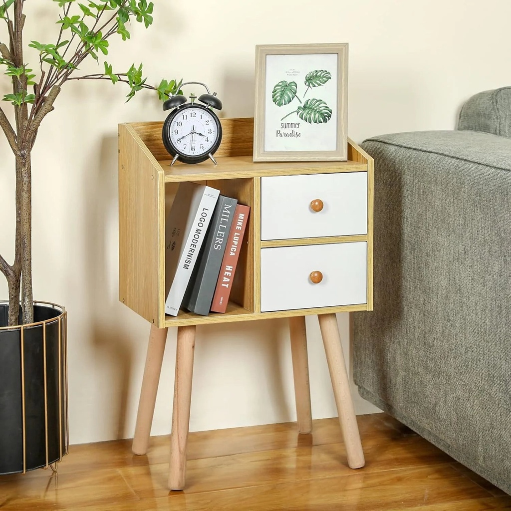 X-Cosrack Mid Century Side Table Nightstand, Bedside Table with 2 Drawers, Modern Natural Wood End Table Side Table for Bedroom Living Room