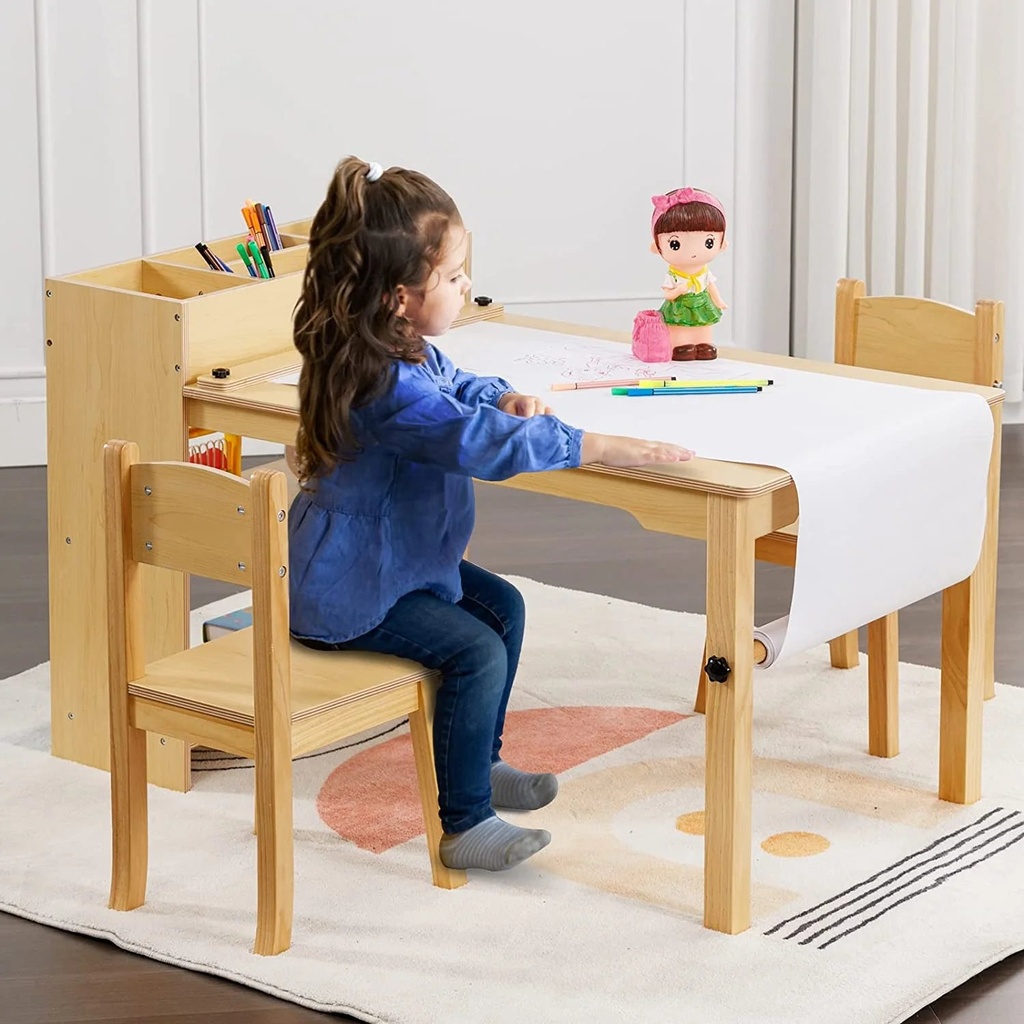 Kids Art Table, Wanan Wooden Kids Craft Table for Playroom, Kids Activity Table with 2 Chairs, 4 Storage Baskets, 2 Rows of Storage Racks and Paper Rolls (Wood)