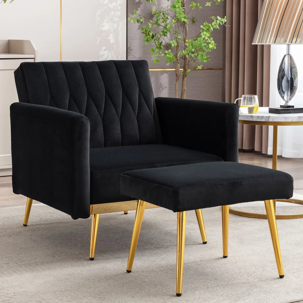TTGIEET Velvet Accent Chair with Ottoman, Modern Upholstered Tufted Armchair, Comfy Single Sofa Chair Side Chair with Golden Metal Legs& Adjustable Arms for Living Reading Room Bedroom Office (Black)
