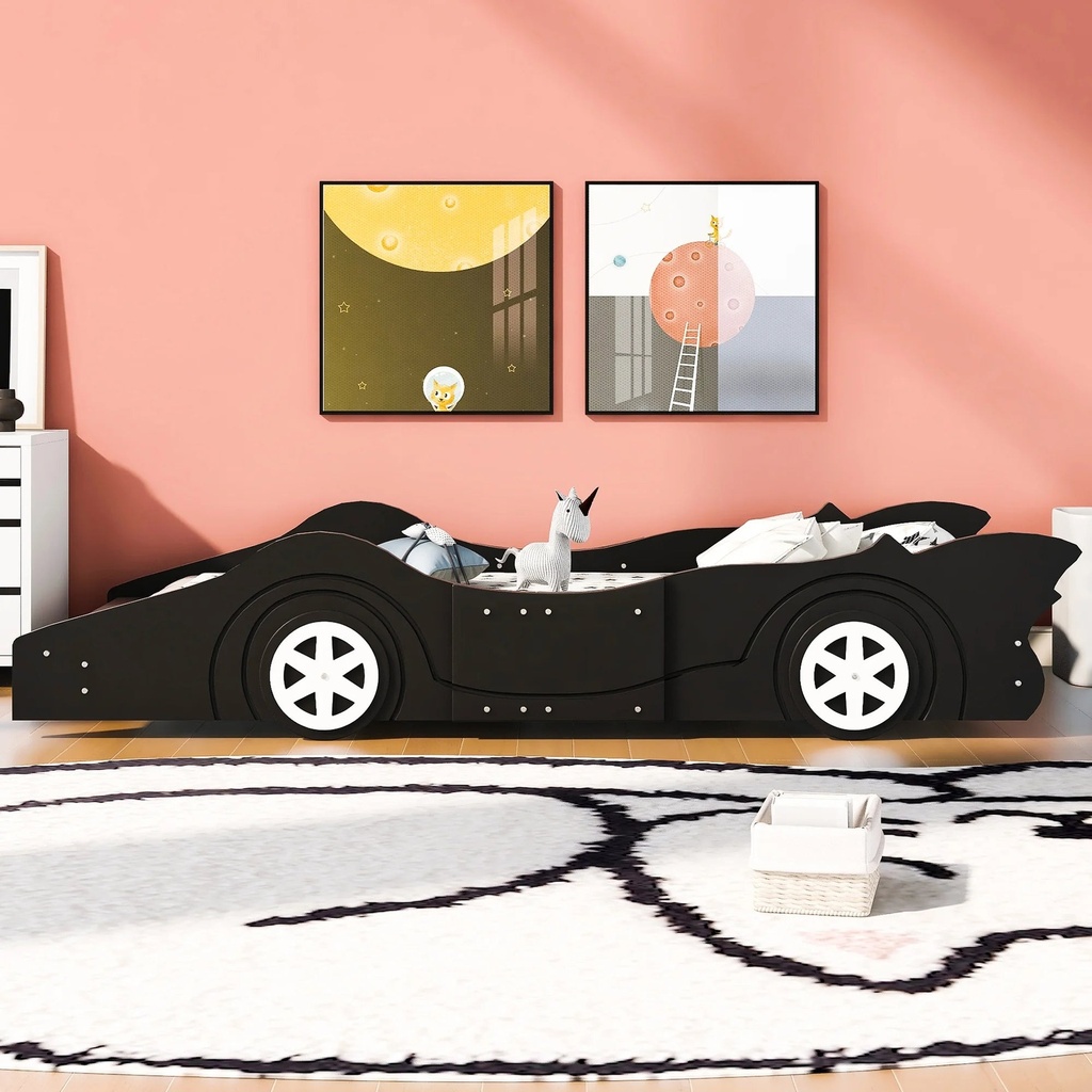 HSUNNS Twin Size Kids Race Car-Shaped Platform Bed with Wheels, Wooden Funny Twin Kids Bed Frame with 2 Sides Safety Rails for Boys Girls Toddlers Kids’ Bedroom, No Box Spring Needed, Black