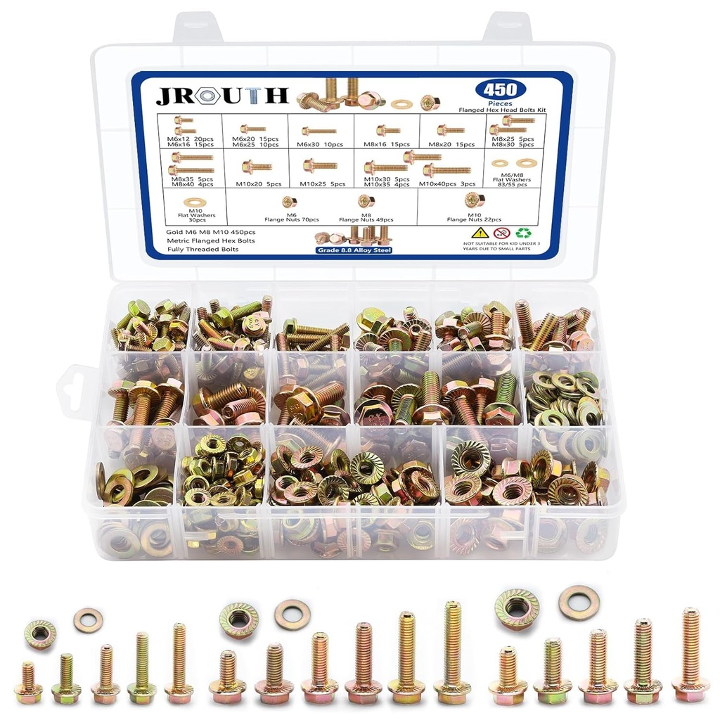 450PCS M6 M8 M10 Flange Hex Head Bolts Nuts Washers Kit, Class 8.8 Alloy Steel Color Zinc Plating Metric Flanged Hex Screws Kit