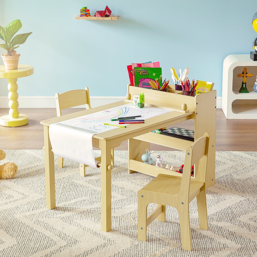 SKYSHALO 2-In-1 Kids Art Table and 2 Chairs Toddler Craft Set and Wooden Play Activity Drawing Table with a Cabinet Paper Roll Storage Bins