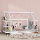 Bellemave Twin Size Floor Bed for Kids, Wooden House Bed with Detachable Shelves and Hanging Rod, Montessori Bed for Toddler Kids Boys Girls (White)