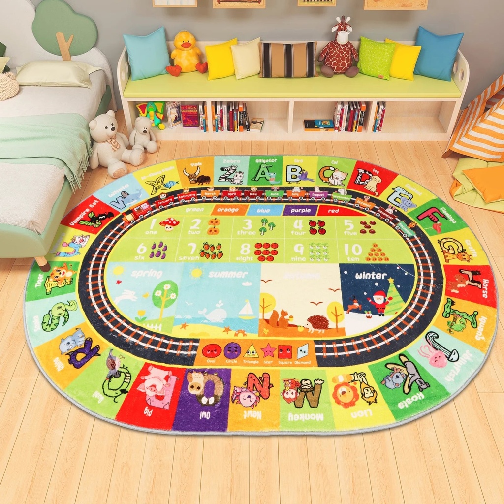 AKASISRUG ABC Kids Rug Oval 3.3'×5' Educational Playmat Rug Carpet, Alphabet Animal Number Month Season Faux Wool Early Learning Rug for Playroom Game Area Playmat for Tummy Time