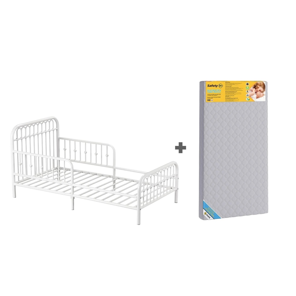 Little Seeds Monarch Hill Ivy Metal Toddler Bed and Safety 1St Grow with Me 2-In-1 Baby & Toddler Mattress, off White