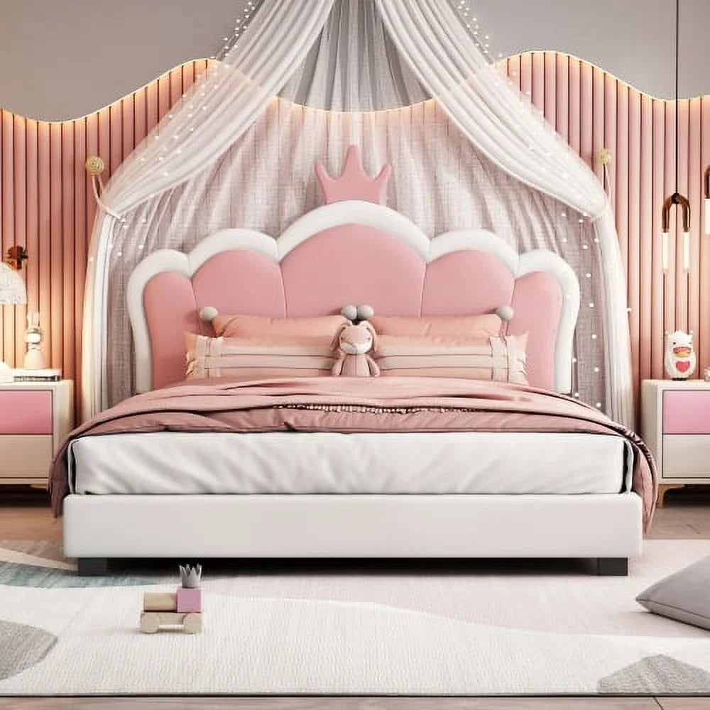 CITYLE Full Size Upholstered Princess Bed,Cute Crown Shape Full Size Leather Platform Bed with Headboard and Footboard for Kids Boys Girls,No Box Spring Needed, White