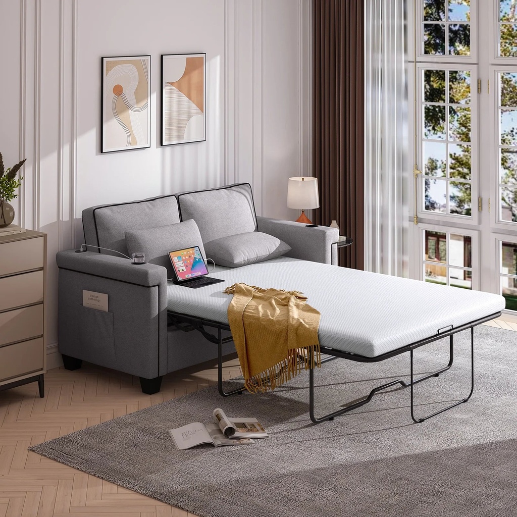 BLAZANT 2 in 1 Sofa Bed Full Size, Spacious Sleeper Couch with Memory Foam Mattress, Mid-Century Modern, Two Seat Loveseat Sleeper Sofa for Living Room, Gray