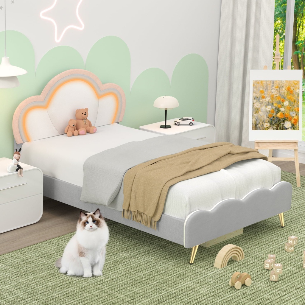Winkalon LED Bed Frame,Twin Size Bed for Kids Girls,Velvet Upholstered Platform Bed with Adjustable Headboard,White