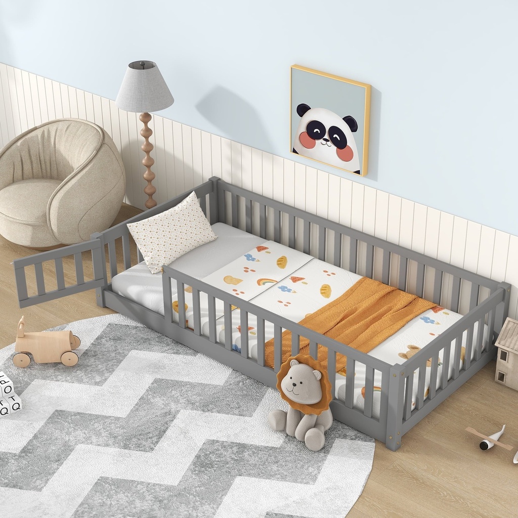 PAPROOS Toddler Floor Bed, Twin Size Solid Wood Floor Platform Bed with Fence, Door and Support Slats, No Box Spring Needed, Montessori Bed, Twin Bed Frame for Kids, Toddlers, Boys, Girls, Gray