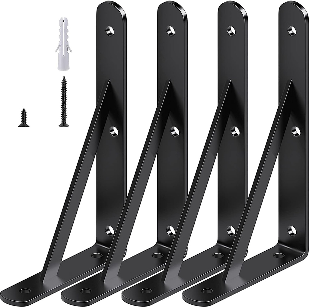 10 Inch Shelf Brackets, Heavy Duty Black Metal L Bracket for DIY Floating Shelf, 4 Pack, 10''L X 6''H