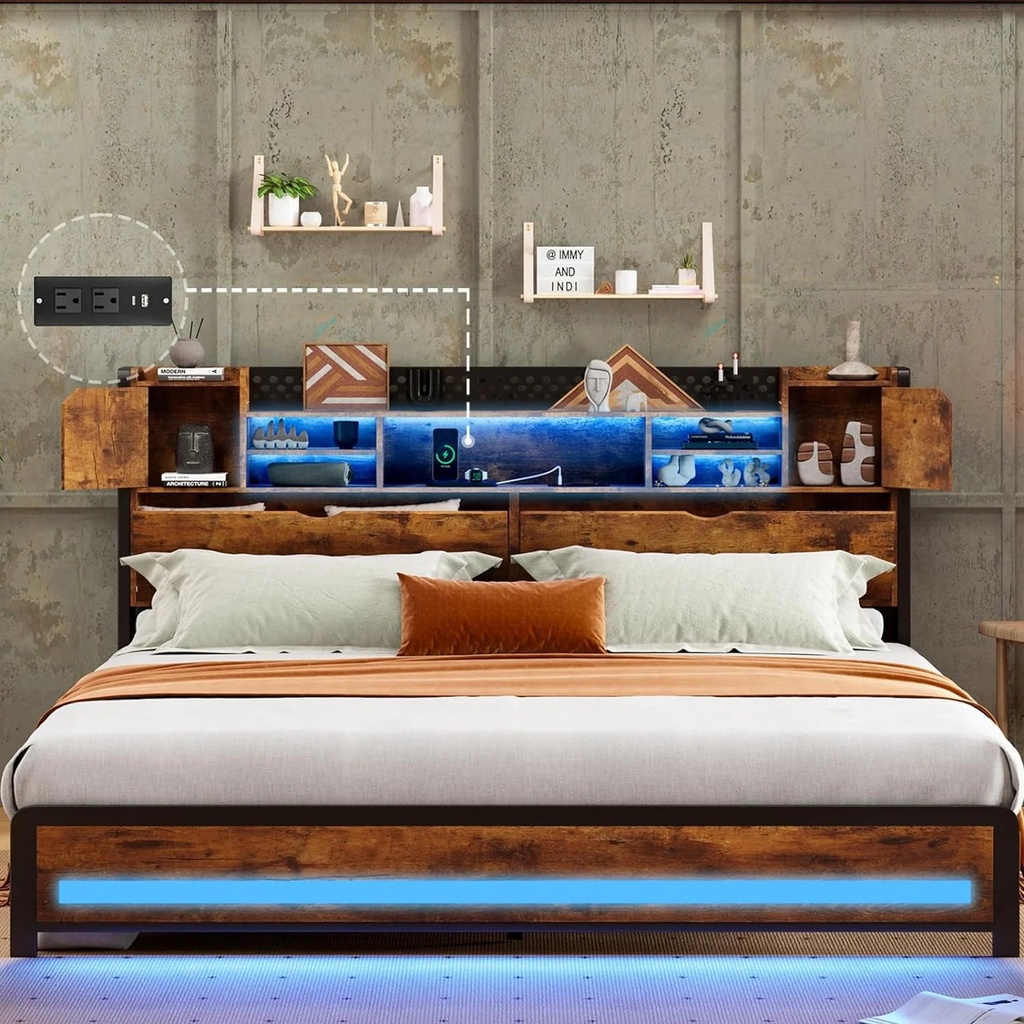 King Size Bed Frame with Charging Station,Adjustable LED Light,Steel Slated