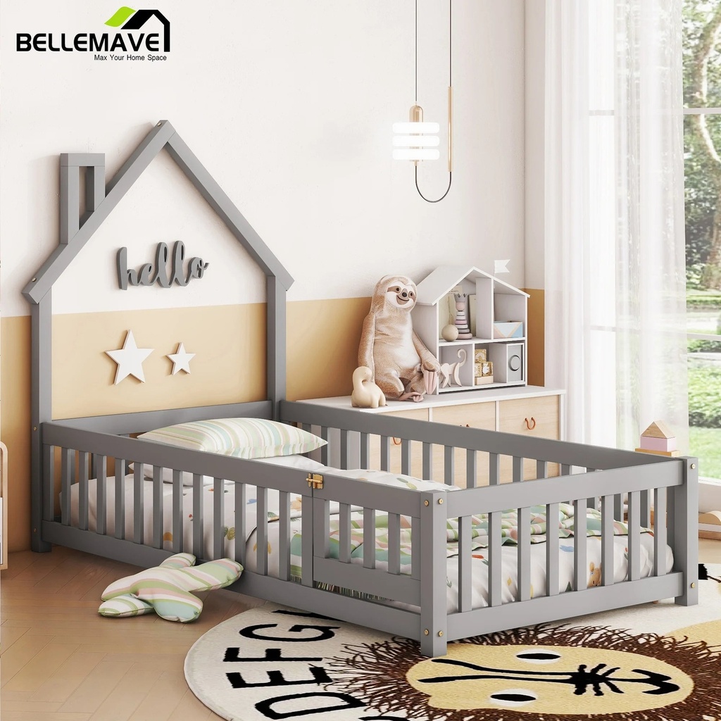 Bellemave Twin Size Floor Bed with House-Shaped Headboard and Fence Twin Wood Floor Bed Frame with Guardrails and Door Montessori House Bed for Kids, Toddlers, Boys, Girls, Gray