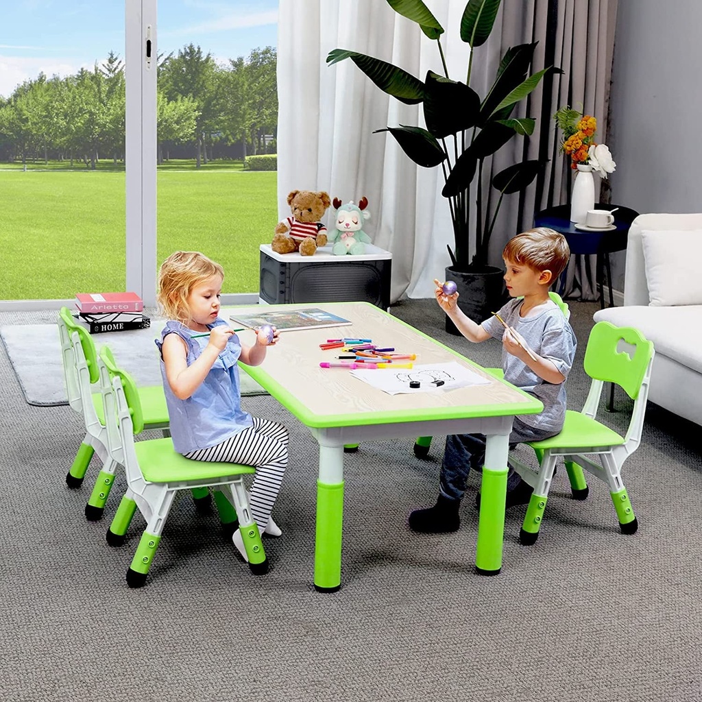 LAZY BUDDY Kids Study Table and 4 Chairs Set, Height Adjustable Plastic Children Art Desk, Multi Activity Toddler Furniture with Paintable Desktop