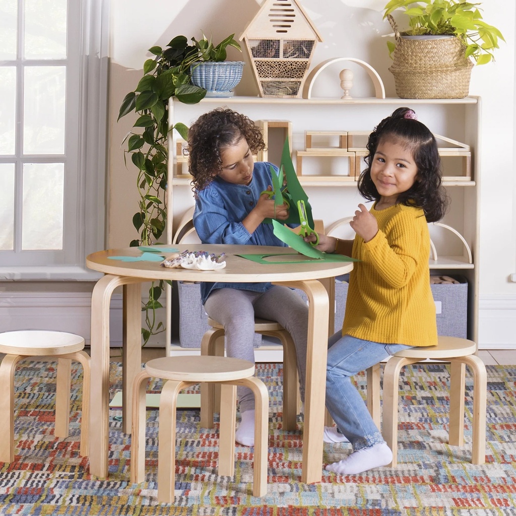 Guidecraft Kids' Nordic Table and Chairs Set - Natural: Wood round Classroom and Playroom Toddler Activity Table with 4 Stools