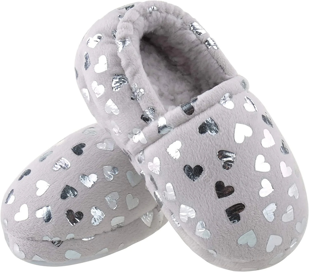 NCCB Girls Slippers No-Slip Memory Foam Slippers Soft Rubber Sole House Shoes for Indoor Outdoor Shiny Grey Size 2