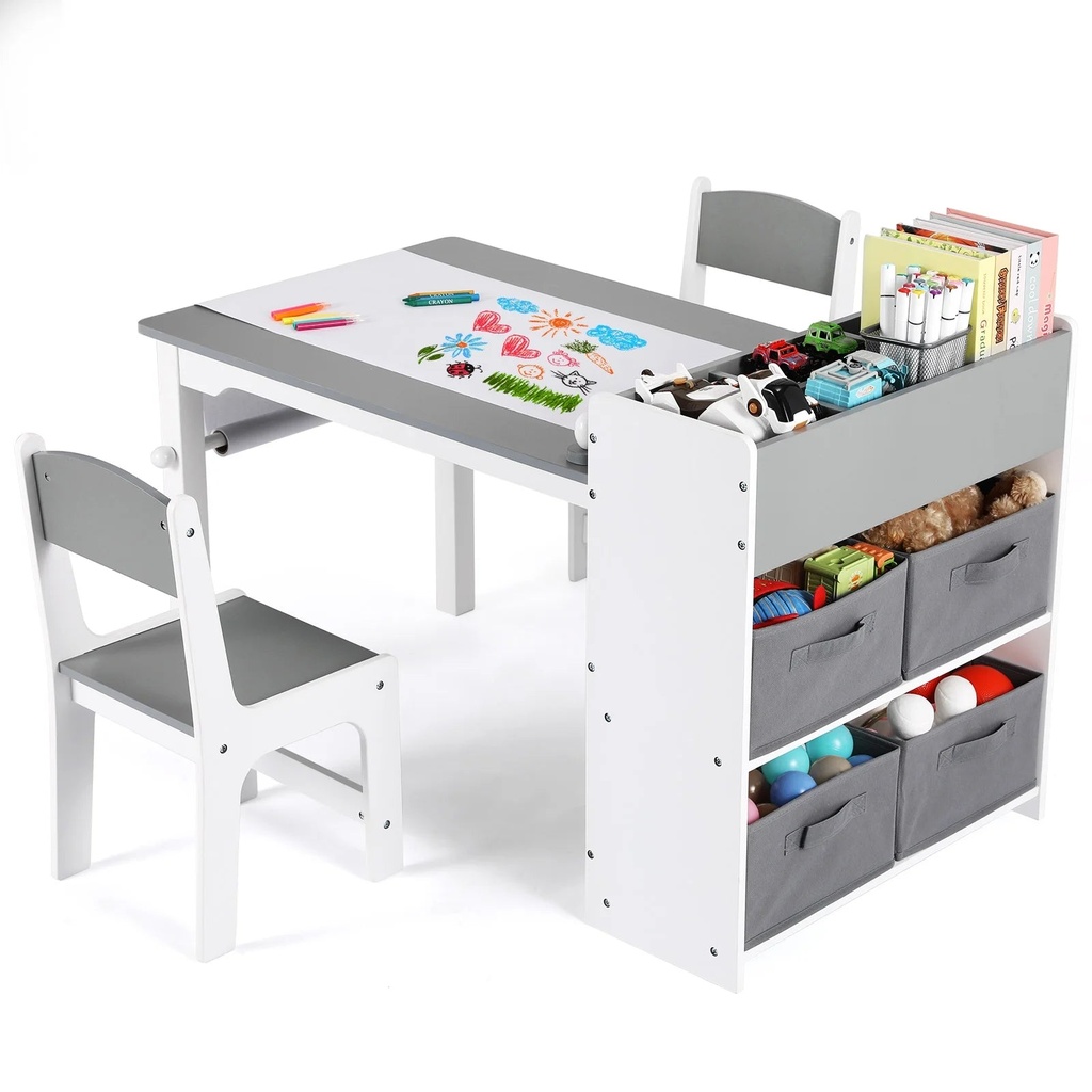 LAZY BUDDY Child 3 Pcs Table and Chairs Set, Kids Wood Activity Desk & 2 Chairs W/ Paper Roll and Storage, Gray