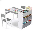 LAZY BUDDY Child 3 Pcs Table and Chairs Set, Kids Wood Activity Desk & 2 Chairs W/ Paper Roll and Storage, Gray