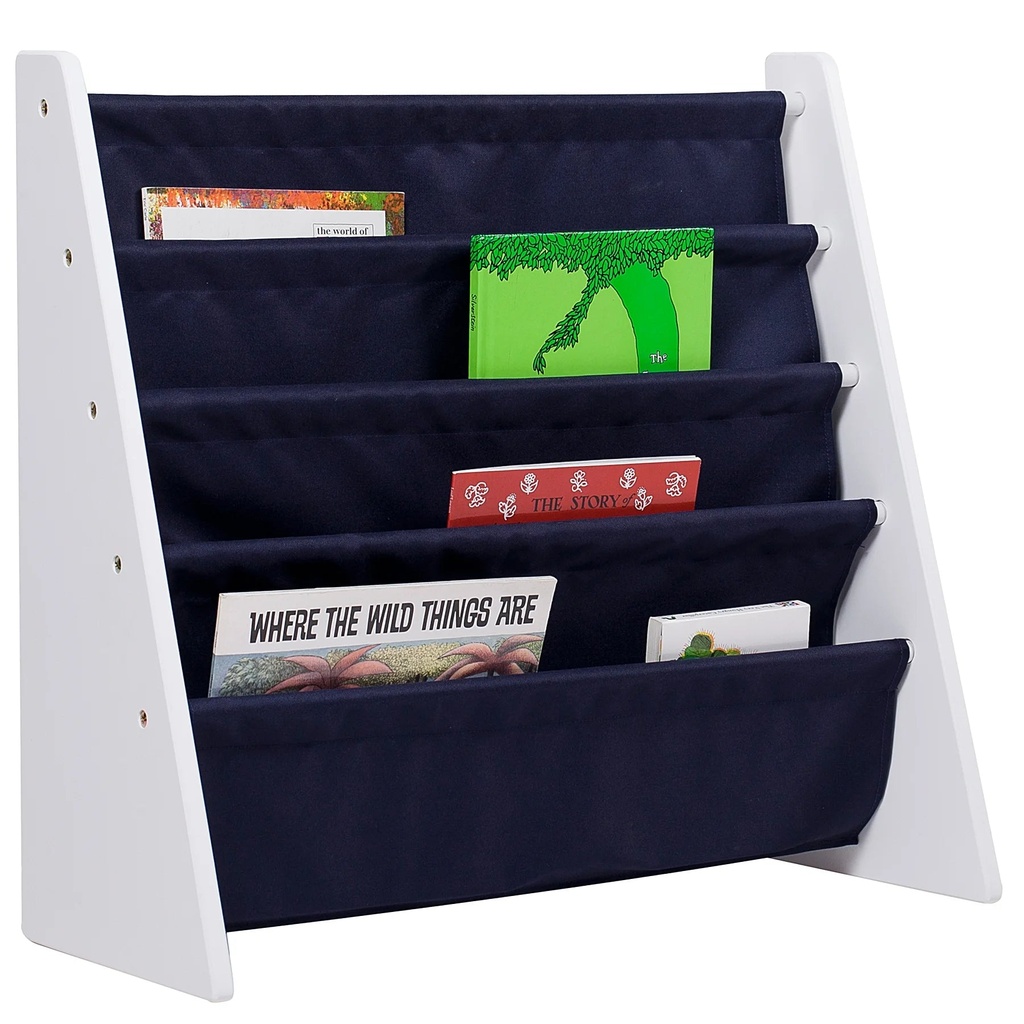 Wildkin Kids Canvas Sling Book Shelf for Boys and Girls, Wooden Design Features Four Shelves - White W/ Blue