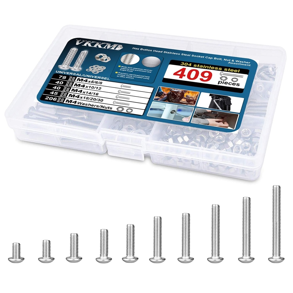 409 Pcs Stainless Steel M4 Hex Button Head Socket Cap Bolt Assortment Kit/Screws, Nuts & Washers Set, M4 X 5/6/8/10/12/14/16/18/20/30Mm, Reusable Storage Case with Adjustable Dividers