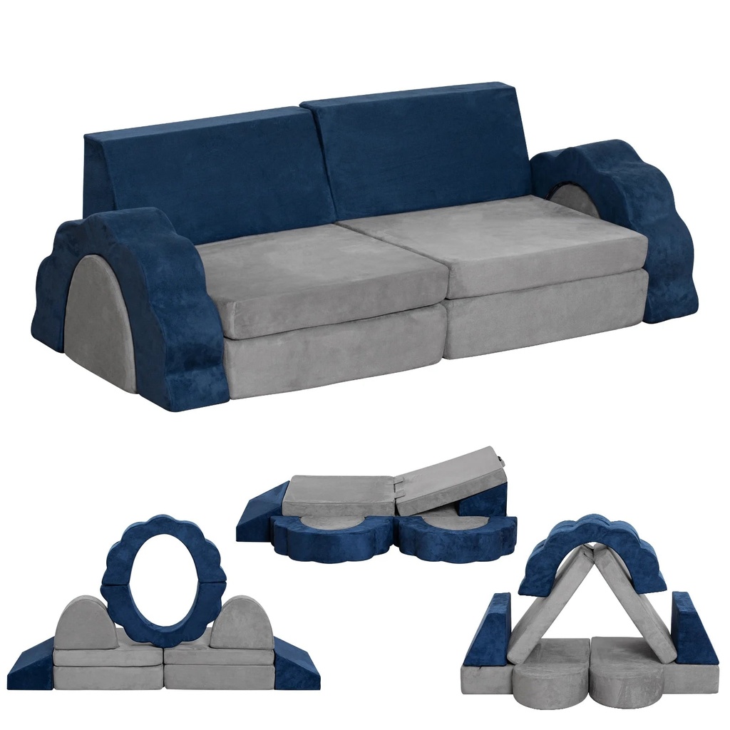Kids Couch 10PCS, Foam Play Couch for Boys & Girls, Multifunctional Toddler Couch for Playroom, Grey & Blue