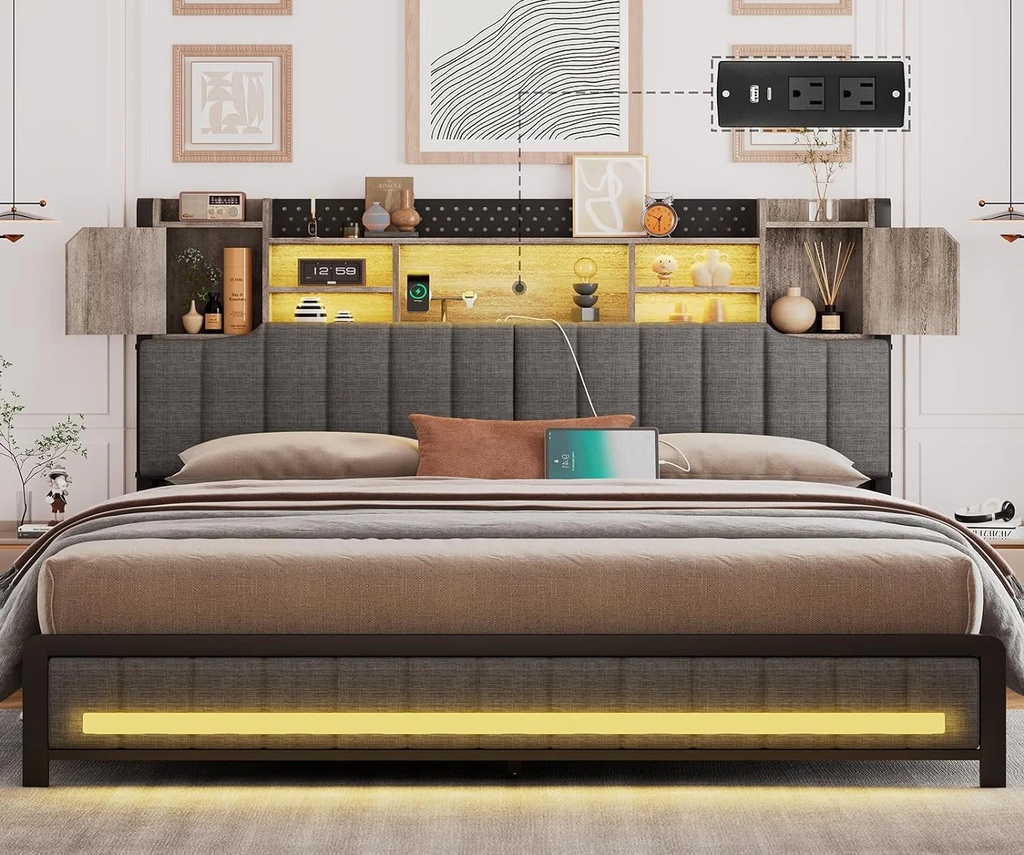 Dnxao King Size Bed Frame and Bookcase Storage Headboard, LED Upholstered Platform Bed Frame with USB Port, Heavy Duty Metal Slats, No Box Spring Needed, Easy Assembly, Oak Gray