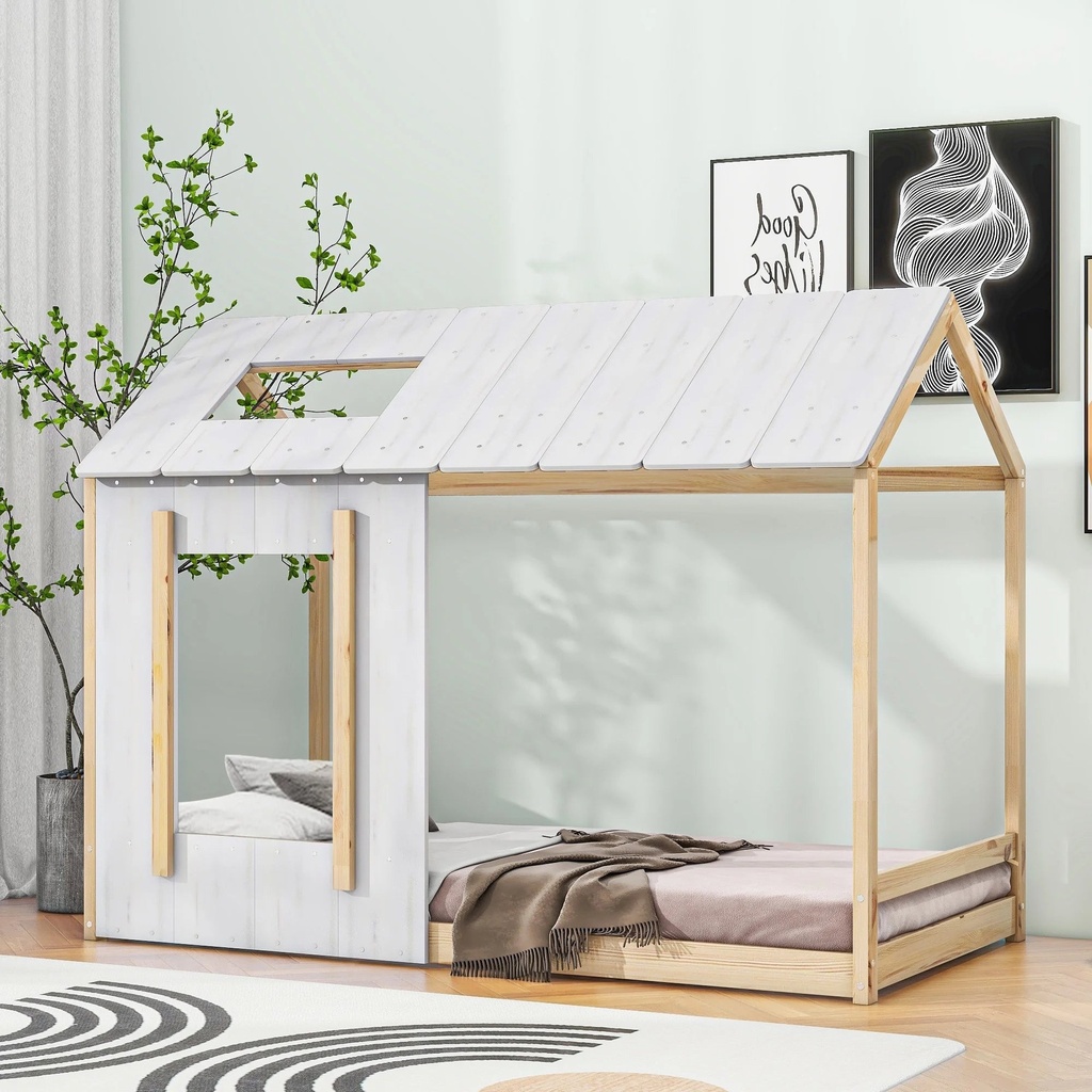 Bellemave Twin Size House Floor Bed for Kids, Wood Montessori Bed with Roof and Window, Wood Montessori Bed for Toddlers, Boys, Girls（Antique White）