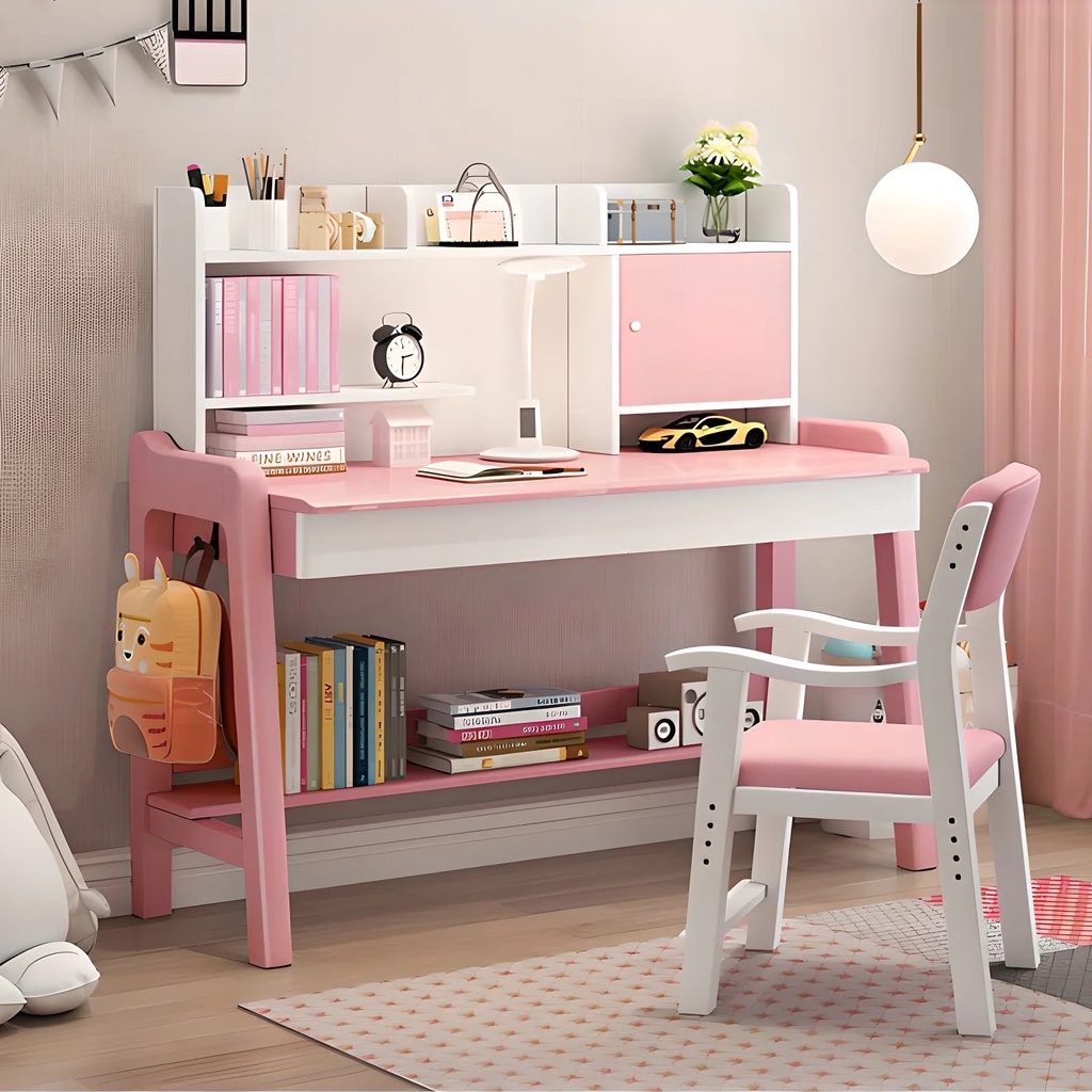 LYHOE Kids Study Desk and Chair Set Adjustable Height, All Solid Wooden Children Bedroom Furniture, Pink Kids Table Chair Set with Shelves, Drawer, School Student'S Table Office Computer Workstation