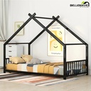 Bellemave Twin Metal House Bed with Headboard and Footboard Montessori House Bed for Toddler, Child, Boys, Girls Metal Floor Bed Frame with Roof for Kids, No Box Spring Needed, Black