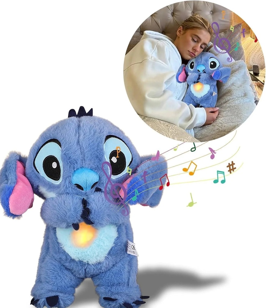 Guvepv Stitch Cuddly Toy with Breathing Motion and Music Lights | Breathing Stitch Plushies | Anxiety Relief Stitch Baby Sound Machine for Sleep Kids Sleep Buddy Birthday Gifts