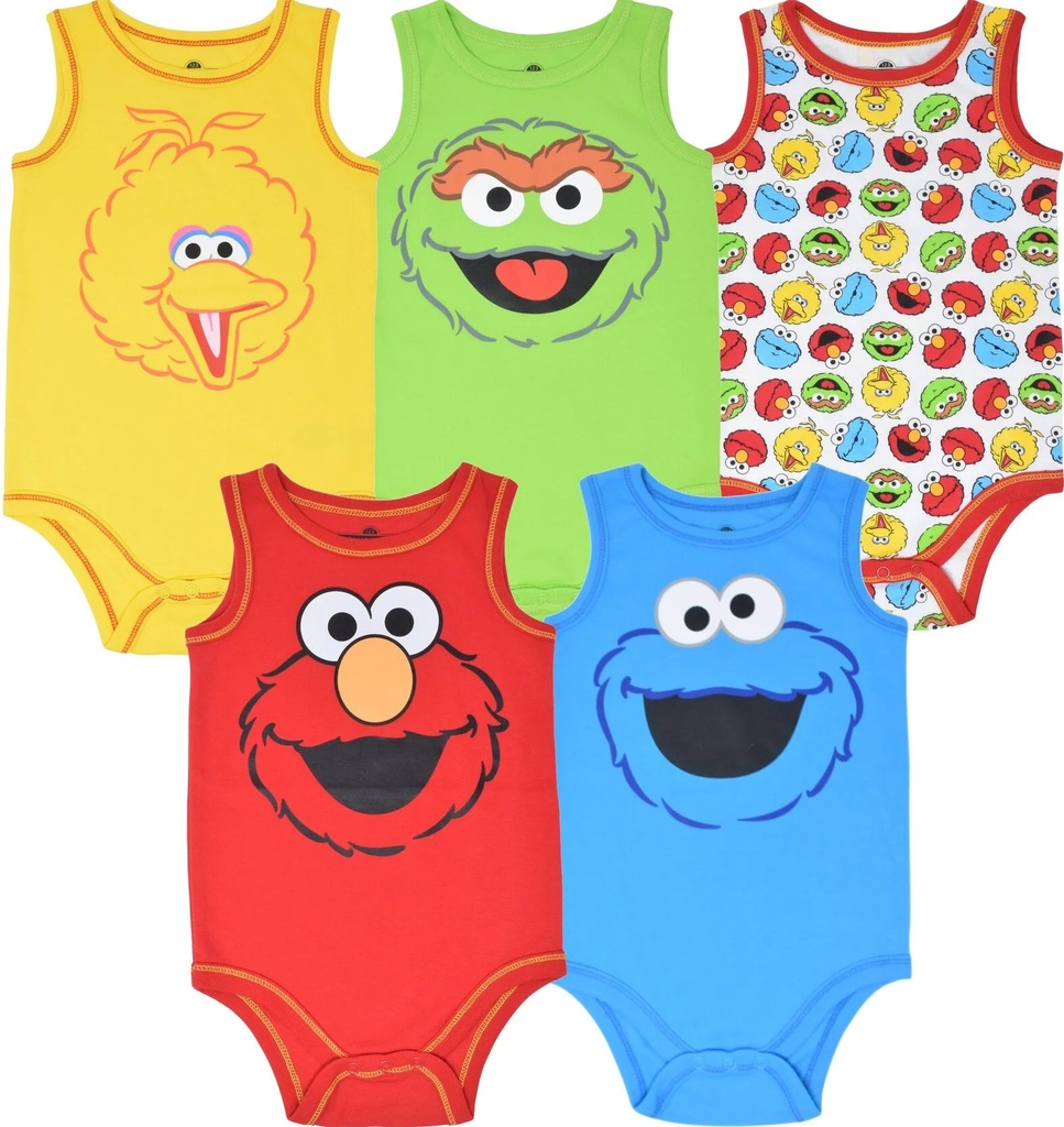 Sesame Street Elmo Cookie Monster Big Bird Newborn Baby Boys 5 Pack Bodysuits Newborn to Infant