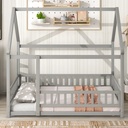 Full Size House Bed, Solid Wood Montessori Floor Bed, Kids Toddler Montessori Bed Frame with Roof Design and Full-Length Guardrail, Playhouse Floor Bed for Kids Girls Boys, Gray